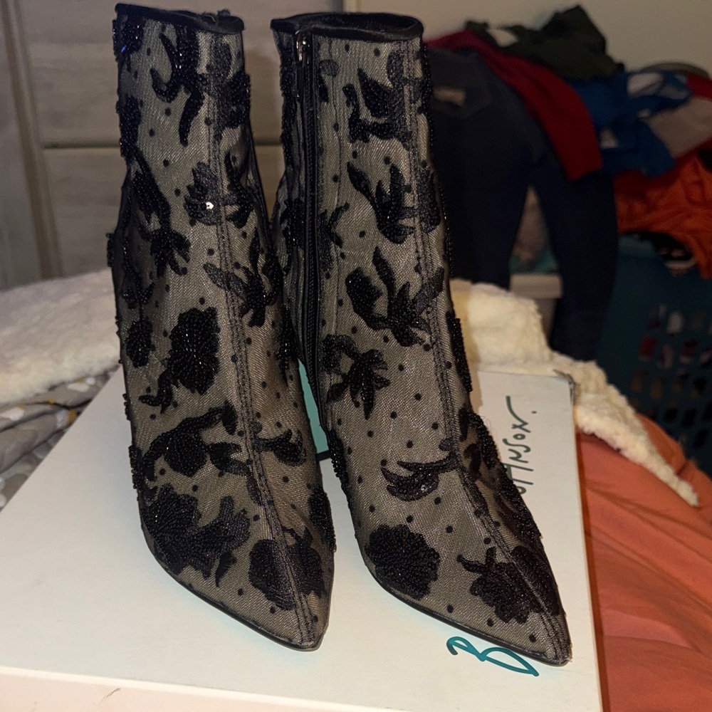 Betsey Johnson Black Beaded Floral Mesh Ankle Booties